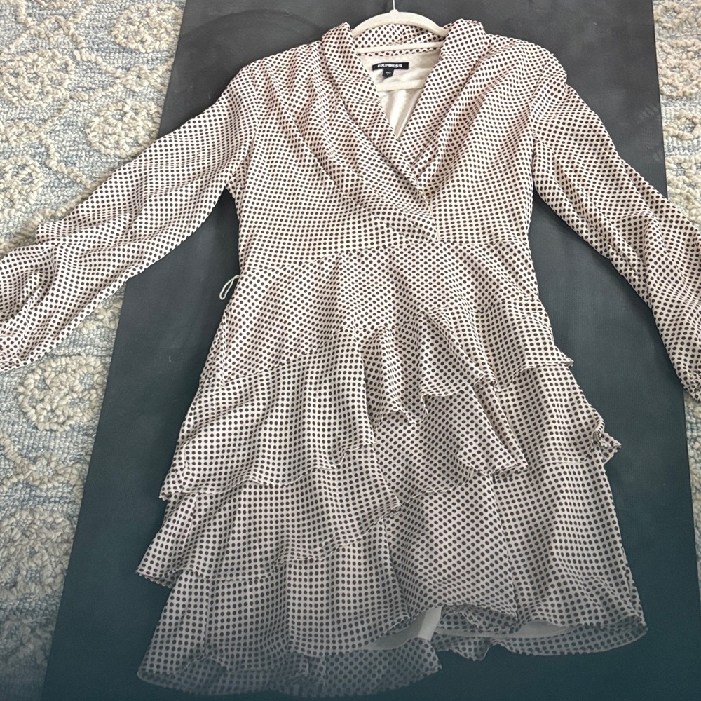Express ivory and brown Checkered Long Sleeve Dress